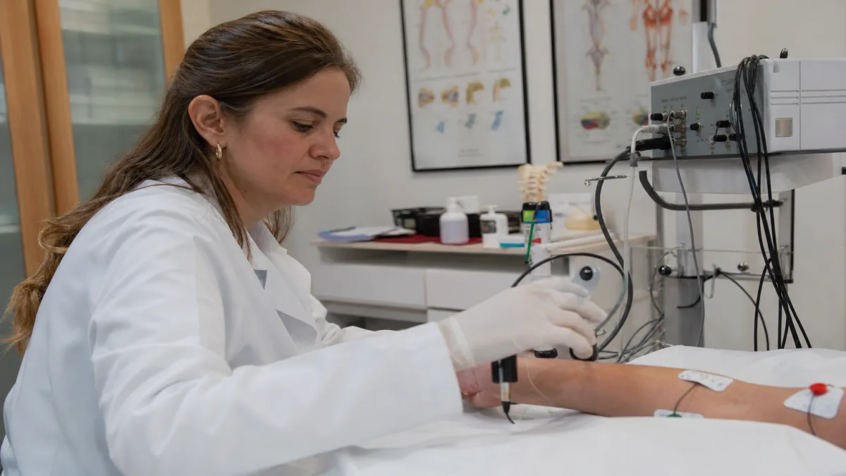 Médicos que solicitam eletroneuromiografia: Profissional realizando eletroneuromiografia em clínica especializada em Porto.