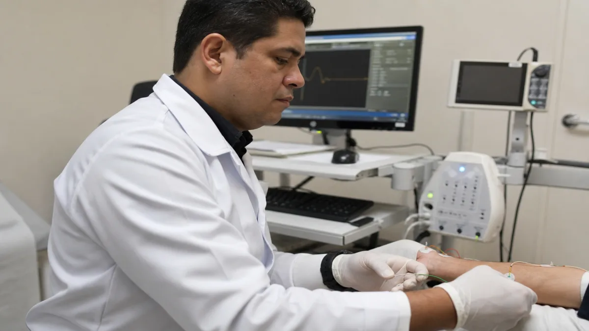 Profissional realizando Exame de eletroneuromiografia em Porto Velho com equipamento médico, destacando a precisão do procedimento.
